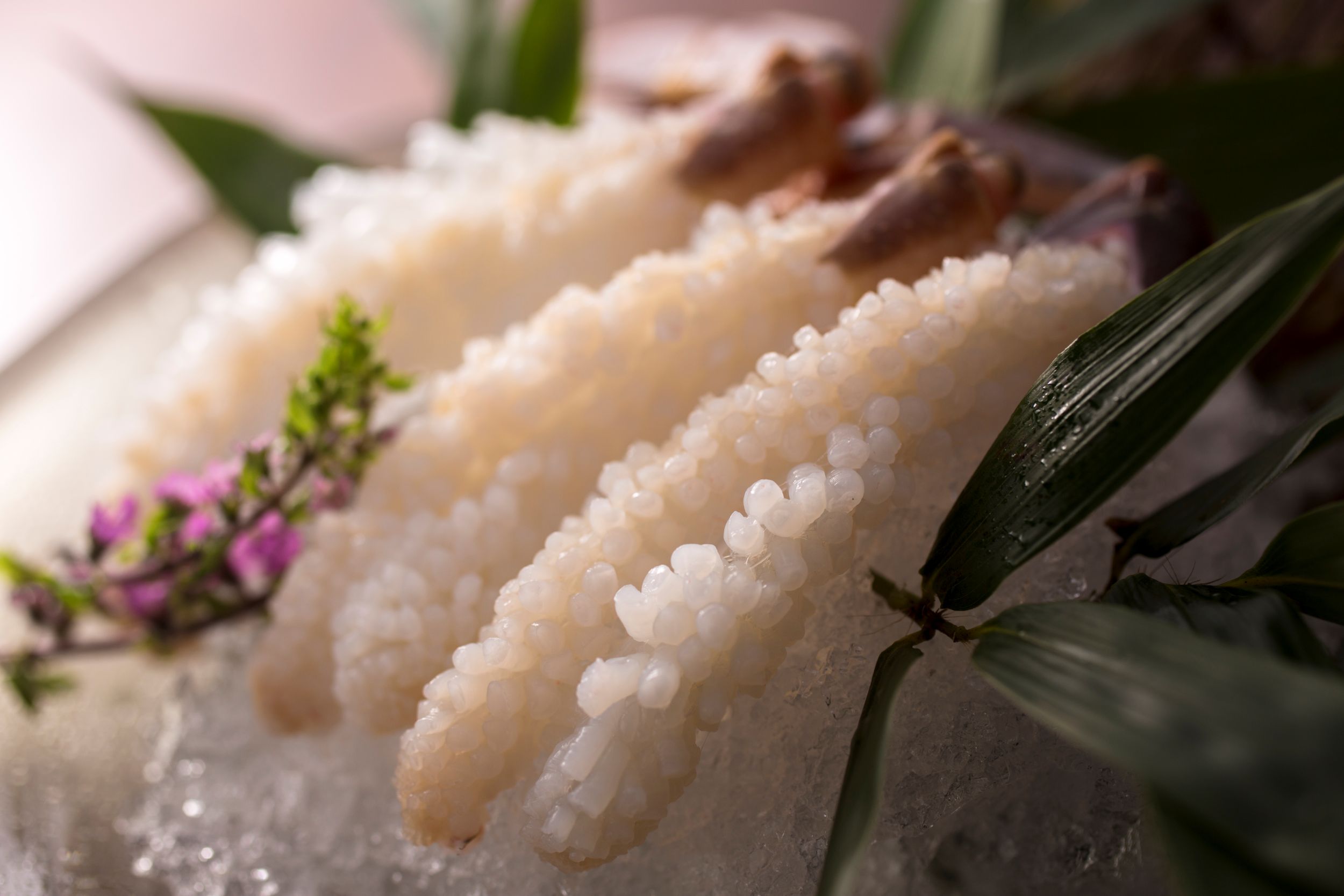 氷の上に盛られた、花のように開いたカニ刺し